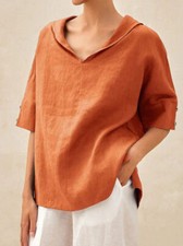 Womens Casual Loose V Neck Linen Cotton Tops Summer Blouse Shirts Plus Size