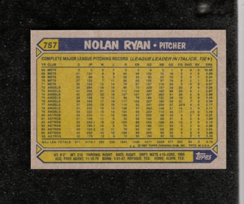 1987 Topps #757 NOLAN RYAN Astros Mets Rangers Angels MINT - Picture 2 of 2