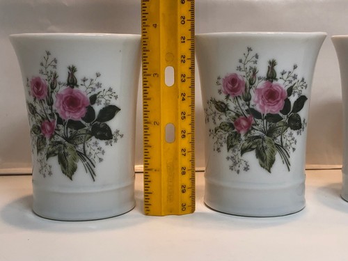 4 Vintage Small Lefton Rose Porcelain Cups Vase Pink Rose 3.75" Green Leaf - Picture 5 of 12