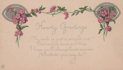 Hearty Greetings Cordial Kind True Floral Banner Divided Back Vintage Post Card