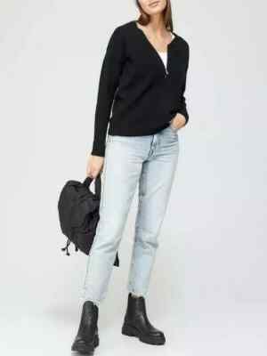 V By Very Recycled Knitted V Zip Neck Jumper Pullover Black UK Size 14