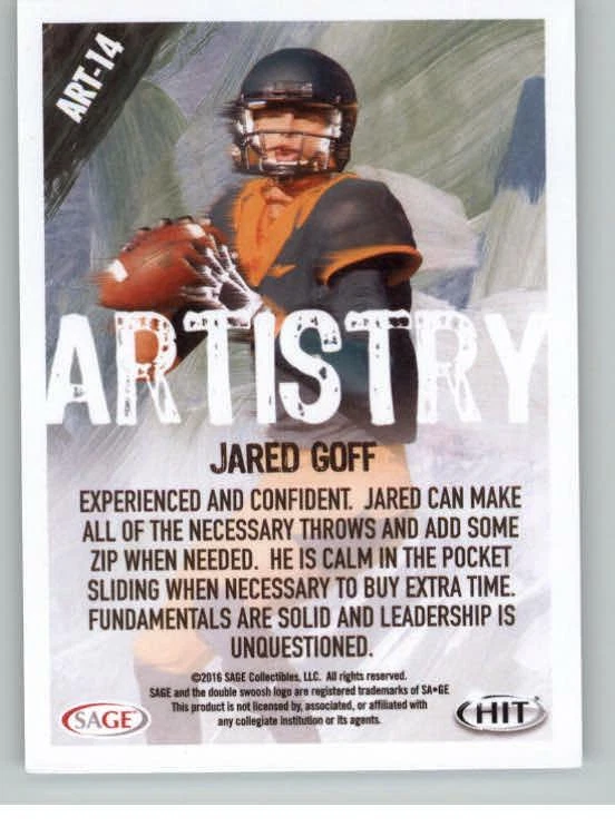 2016 SAGE HIT Artistry #ART14 Jared Goff (ref 130073) - Image 2 of 2