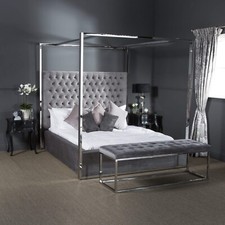 Button Upholstered Polished Steel Four Poster Bed -  6ft Super King Size