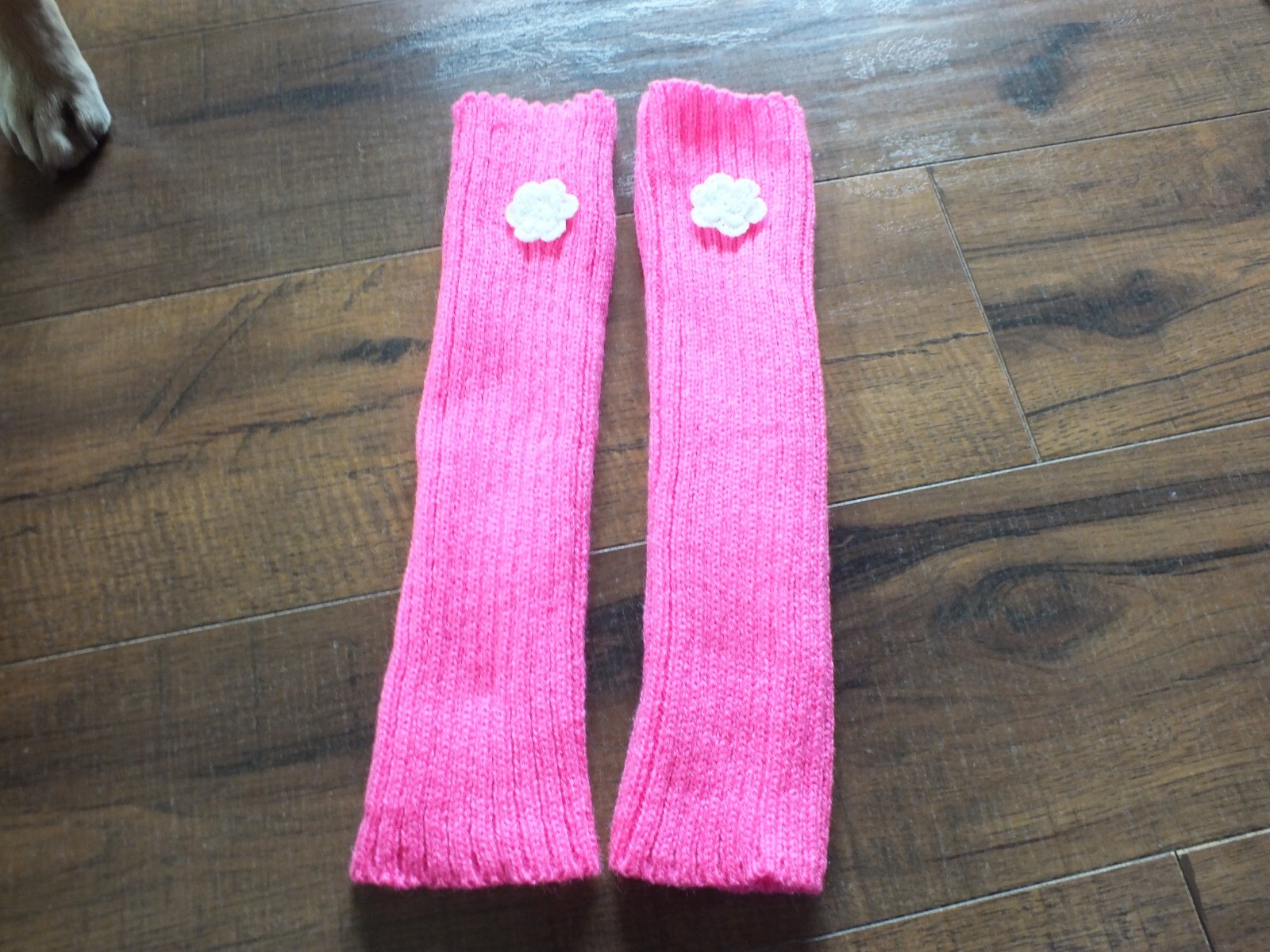 Beautiful Arm Hand Warmers Pink Knit White Crochet Flower 11