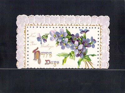 E7889 Greetings Lace type Edge Violets Tucks vintage postcard