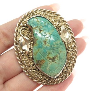 Authentic 925 Sterling Silver Gold Plated Antique Carved Turquoise Lady Handmade Brooch