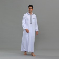 Eid Men Casual Abaya Robe Hooded Jubba Thobe Zipper Embroidery Kaftan Djellaba