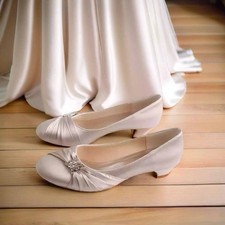 Ivory Satin Flat Low Heel Bridal Shoes with Rhinestone Detail
