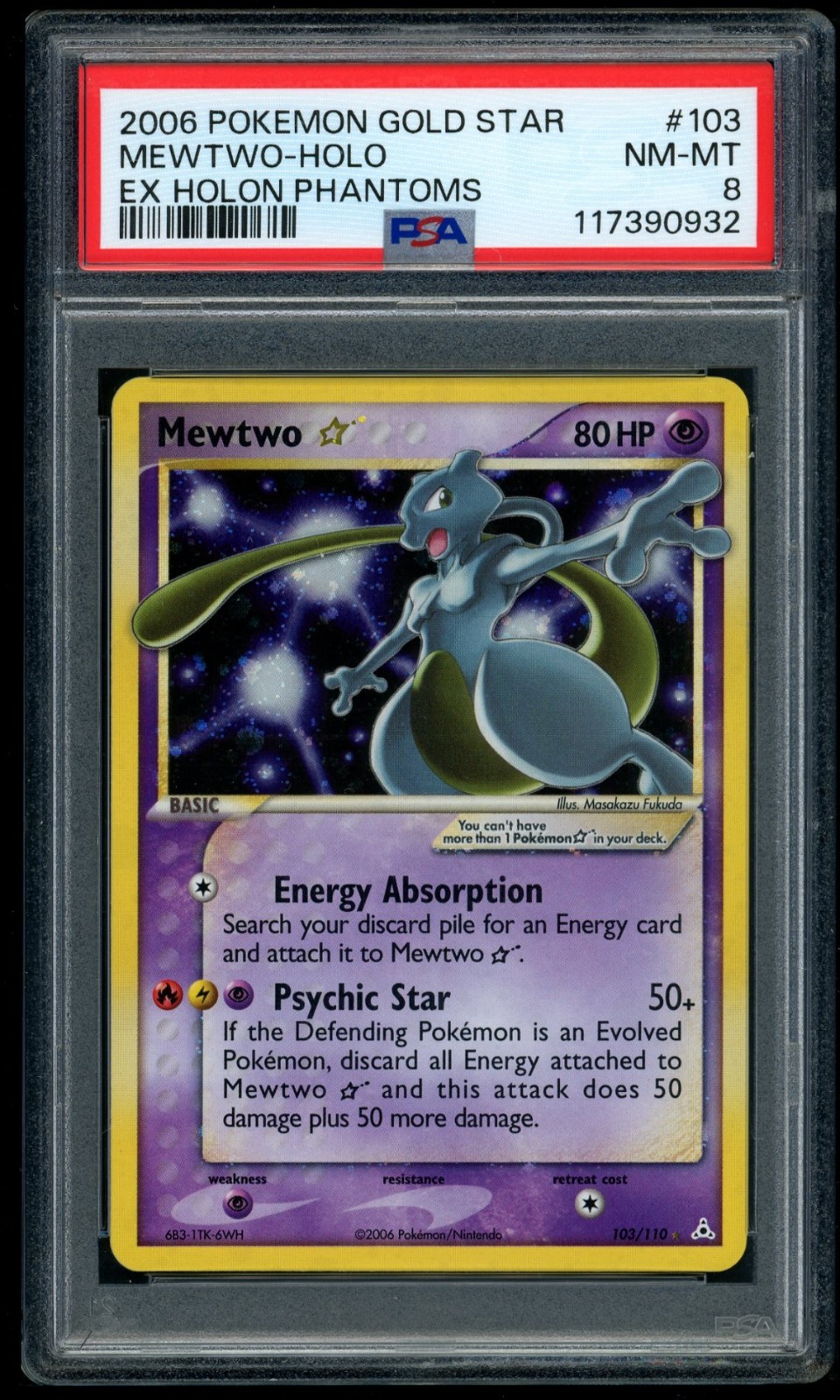 2006 POKEMON GOLD STAR MEWTWO-HOLO EX HOLON PHANTOMS #103 PSA 8
