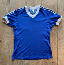 Vintage 70s 80s Adidas Trefoil V Neck Ringer T Shirt Blue White 3 Stripe USA S