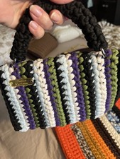 Handmade By Renae Crocheted Striped Rectangle Top Handle Bag Black White