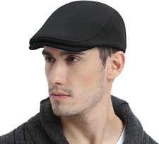Men Wool Blend Flat Cap Tweed Newsboy Ivy Hat One Size, Black