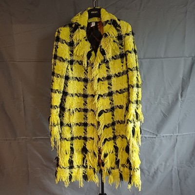 Versace Green-Yellow Fringed Tweed Check Coat, Size Italy 40, FW 2004 Style