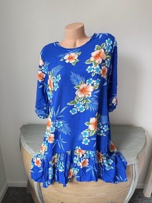 Vintage Hawaii Hangover Dress XL Hawaiian Blue Palm Floral Aloha Tropical Rayon