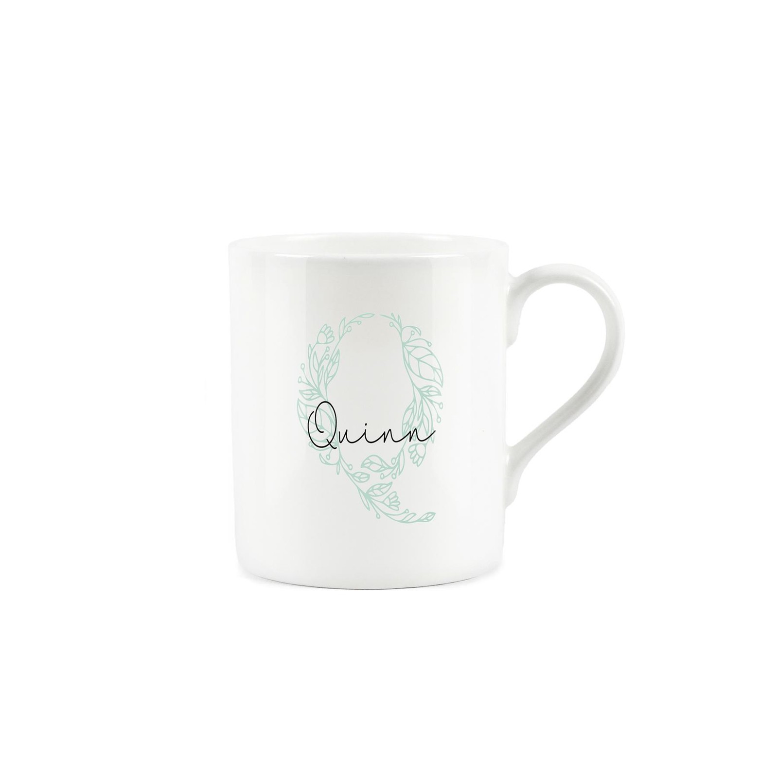 Personalised Letter Q Mug - Green Floral Alphabet Bone China Cup Gift