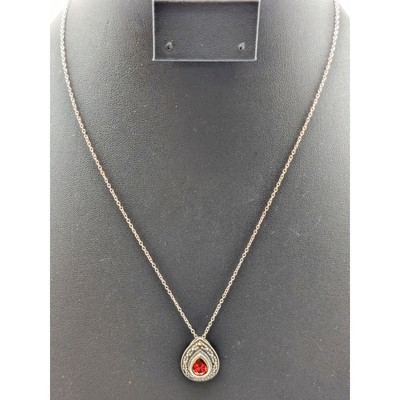 925 Sterling Bezel Set Red Faceted Crystal Teardrop Marcasite Surround Necklace
