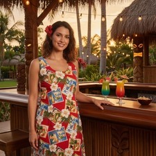 Bishop St Apparel XL Tiki Bar Dress 50" Long Cotton USA Tropical Vacation Print