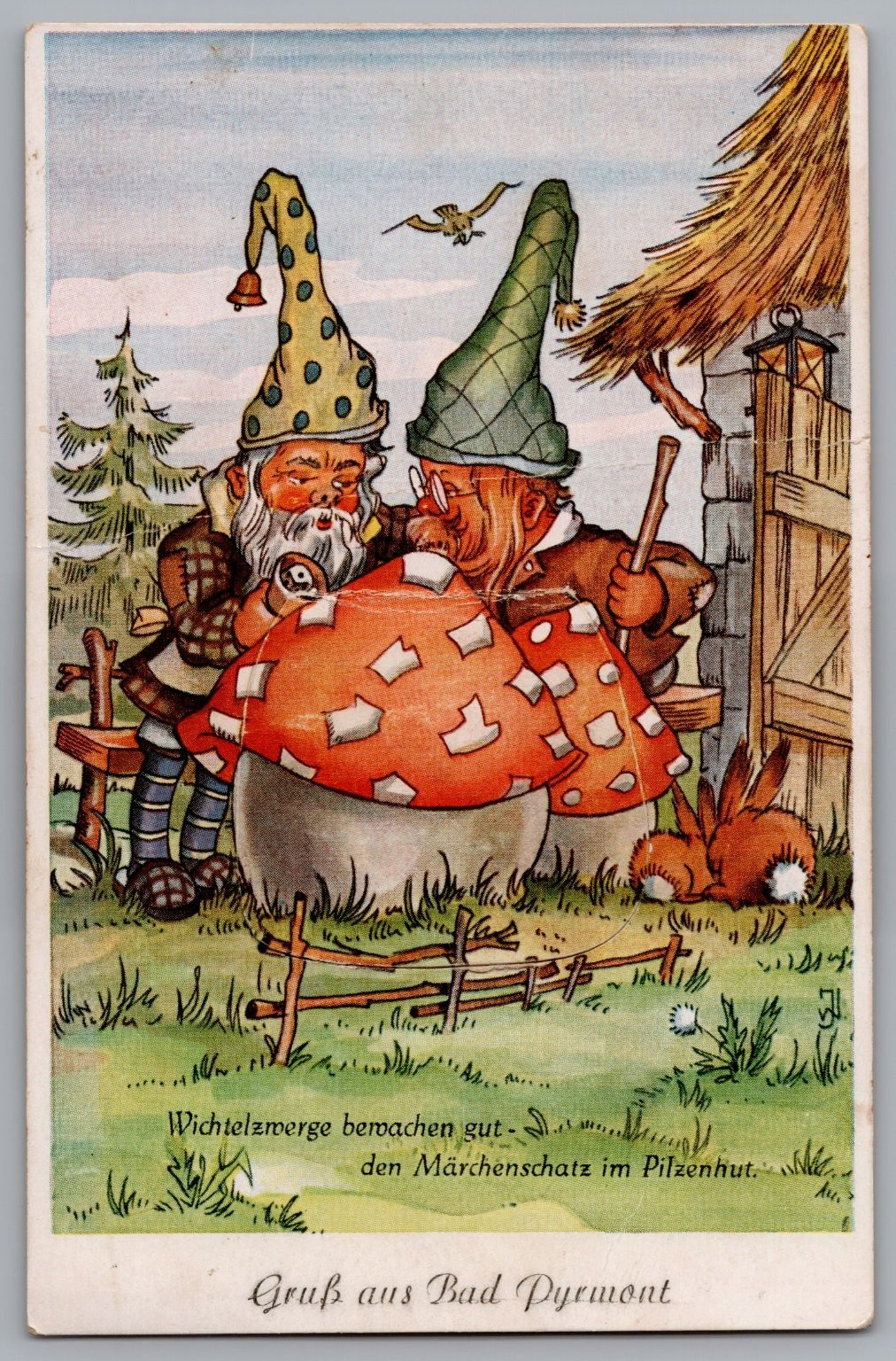 Antique Germany Gnome Fantasy Postcard Mechanical Magic Mushroom Bad Pyrmont