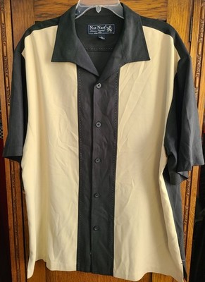 Nat Nast 100% Silk Black Beige Bowling Retro Hipster Camp Casual Mens L