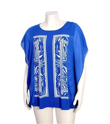 Susan Graver Womens Tunic Top Size 1X Blue Liquid Knit Chiffon Trim Flowy Drape 