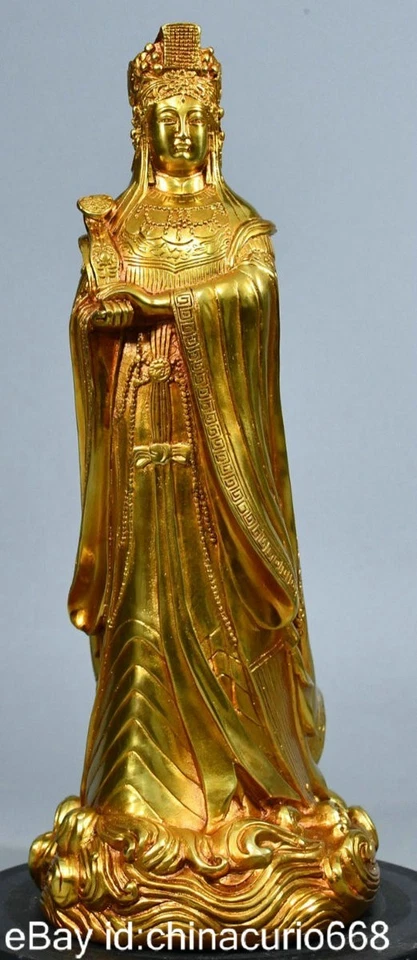 Estatua de 13,6" Antigua China Cobre Oro Tallado Feng Shui Mazu Reina Madre Oeste Foto 3 de 4