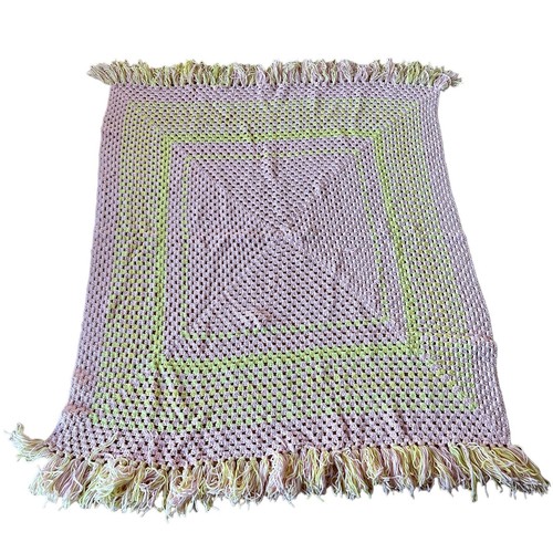 Vintage Afghan Pink Yellow Fringe Handmade Crocheted Chunky Knit Blanket 56"x47" - Picture 2 of 8