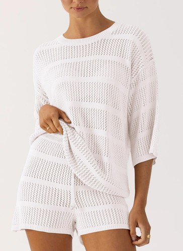 Women's Summer 2 Piece Swimsuit Coverup Hollow Out Knit Half Sleeve Tops Shor... - Picture 3 of 8