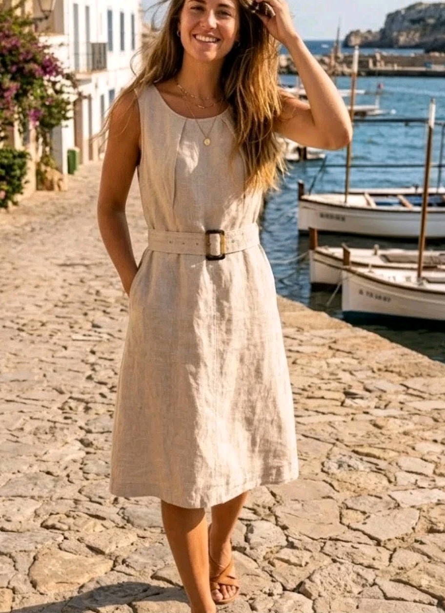 Tahari Size 6 Sleeveless Dress 100% Linen Belted Beige Oatmeal Pockets