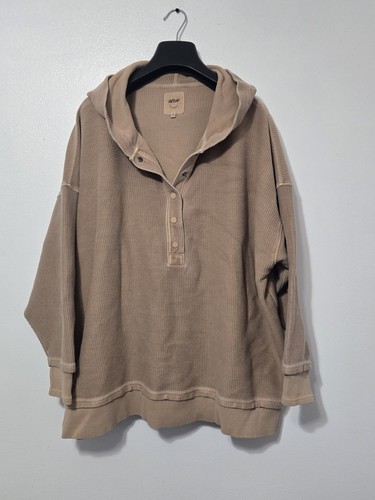 Aerie Womens Hooded Henley Pullover Sweatshirt Tan Ribbed Hoodie XXL Oversized