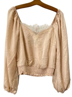 Lush Satin Blouse Medium Champagne Beige Lace Puff Sleeve Smocked Hem NEW