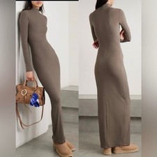 Skims Soft Lounge Amethyst Taupe Ribbed Mock Neck Long Sleeve Maxi Dress SZ S