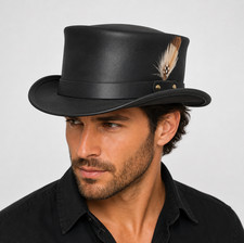 Sombrero Steampunk de Cuero Genuino Negro Gótico Victoriano Para Hombres Disfraz con disfraces