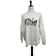 1980  s Embroidered Musical Notes Kelly  s Kids Crew Neck SweatShirt White Black