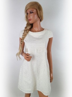 SAVIDA Damen Minikleid Gr. 42 Creme Baumwolle 100% Kurzer Ärmel Stickerei Kurz