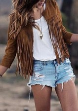 1980's Women Western Cowgirl Suede Jacket Leather Fringe Short Coats