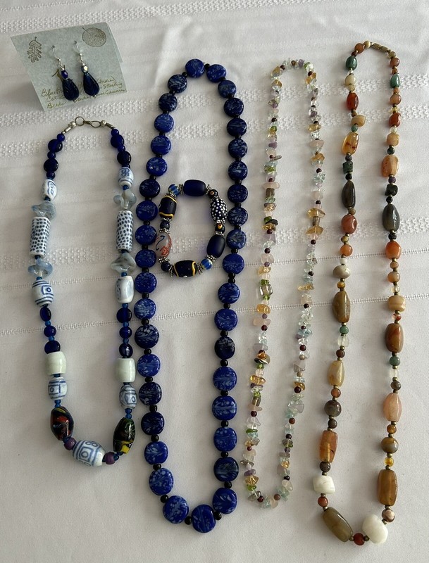 Glass Beaded Necklace Lot & 1 Pair Of Earrings & 1 Bracelet