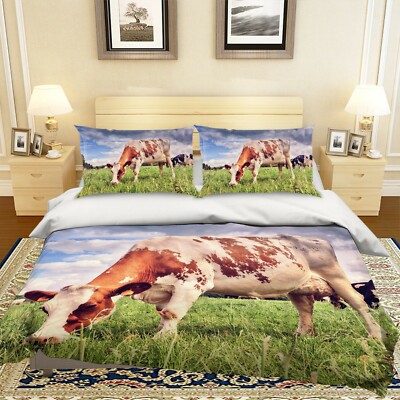 3D Cows Graze P245 Animal Bed Pillowcases Quilt Duvet Cover Set Queen Kay