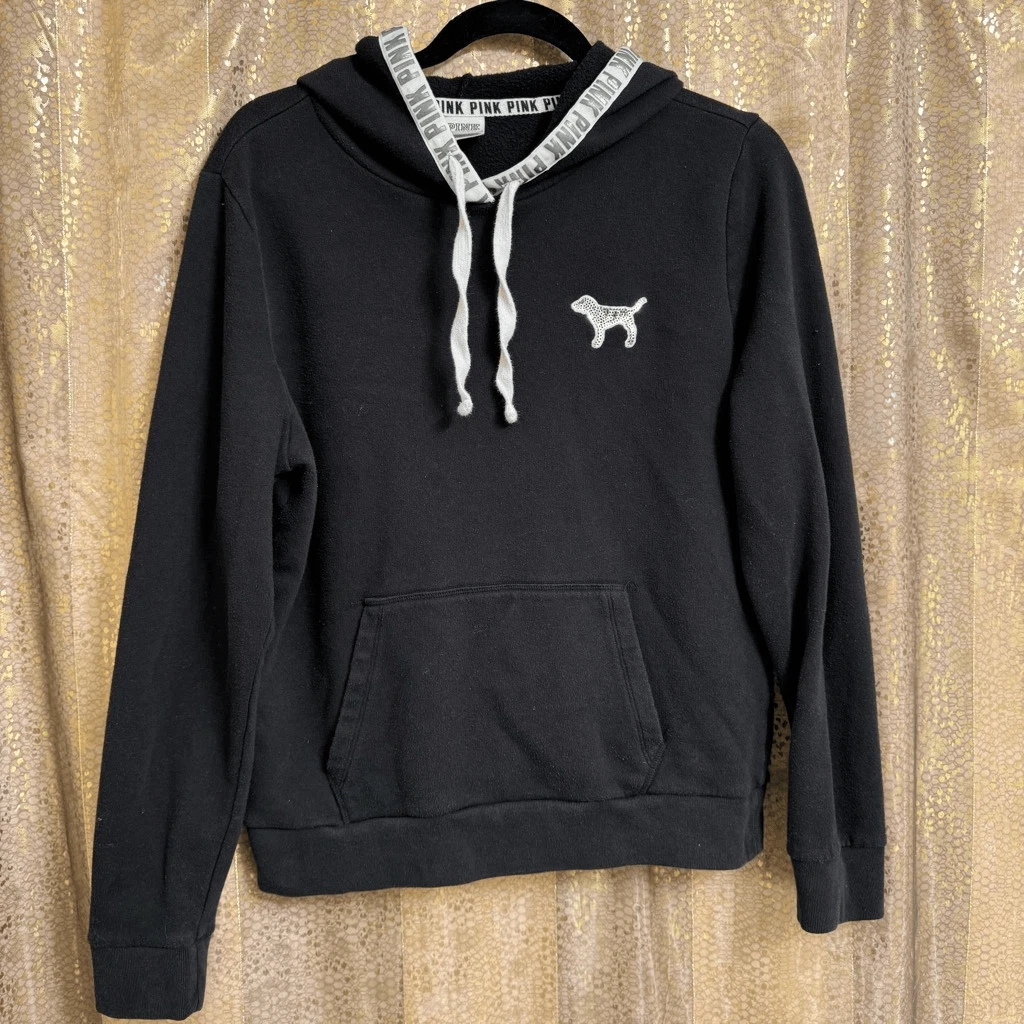 UNDERCOVER Felpa con cappuccio ROSA Y2K Victorias Secret nera argento cane paillettes Bling grande