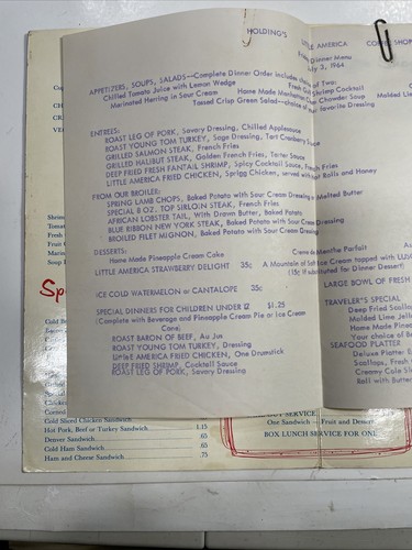 Menú de cafetería Holding’s Little America de colección 1964 Wyoming Highway 30 - Imagen 3 de 7
