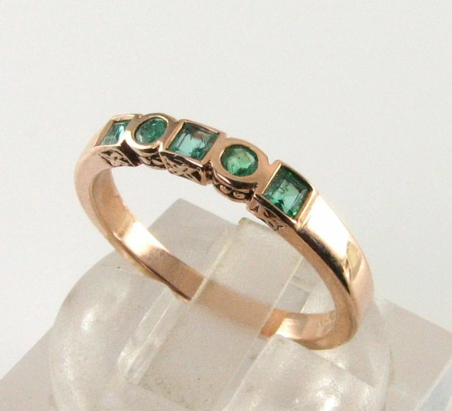 Anillo Eternity Art Deco 9CT Oro Rosa 9K Esmeralda Colombiana Princess