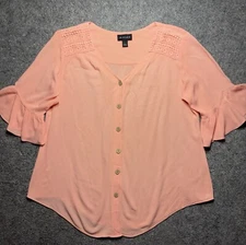 I.N. Studio Women's Size L Peach Blouse Button Up Flare Sleeve