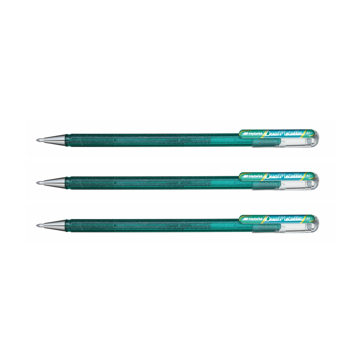 Pentel Hybrid DualMetallic Pens Gel Rollerball Green/Metallic Blue K110 (3 Pens)