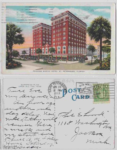 TurtlesTradingPost- St Petersburg FL 1933- Princess Martha Hotel- Airmail Slogan