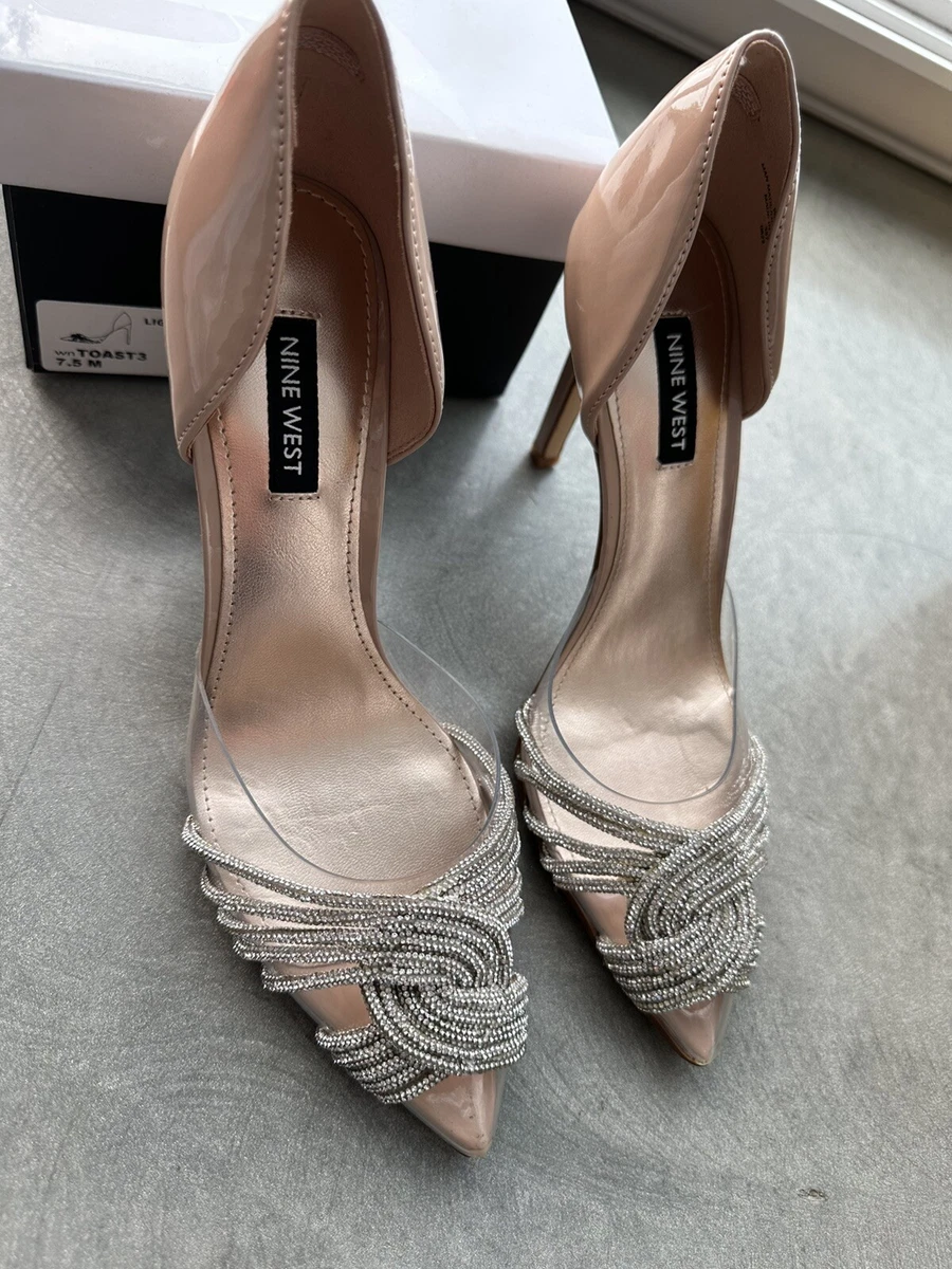 New Nine West Toast 3 silver crystal stones heels shoes pumps nude beige 7.5