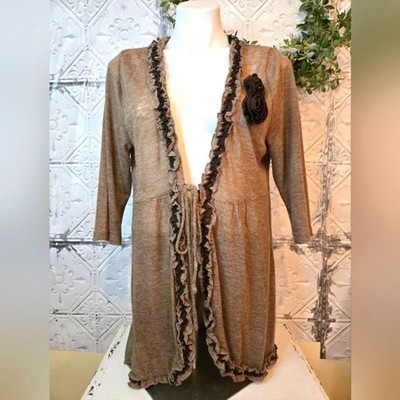 Perch by Blu Pepper Chic Ruffled Cardigan with Floral Accent Tie Front Size 2XL