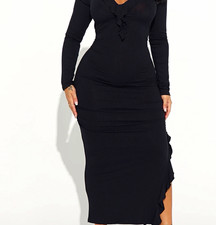 Black V-Neck Rib Knit Bodycon Midi Dress Long Sleeve Stretch Ruffle M
