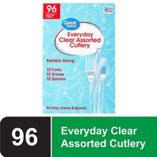 Plastic Everyday Clear Assorted Cutlery, 96 Count includes 32F/32S/32K