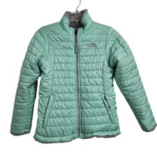 The North Face Green Reversible Jacket Coat Gray Sherpa Fleece Puffer Girls Lg
