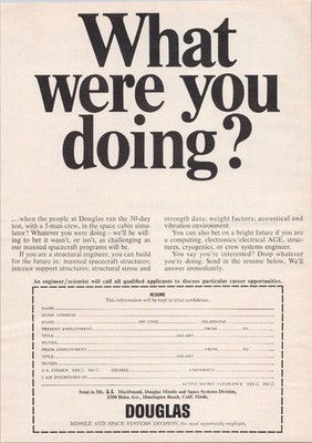 Douglas Missile and Space Systems 1967 Vintage Print Ad Engineering Jobs