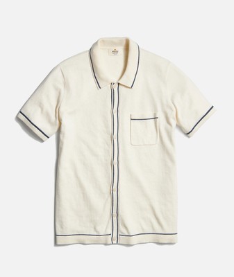Marine Layer Wyatt Polo Sweater Button Down Ivory Short Sleeve Men s M